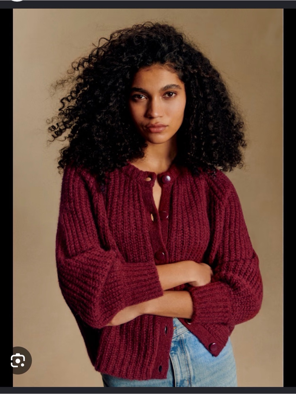 Sezane Deep Burgundy Chunky Ribbed Button Cardigan